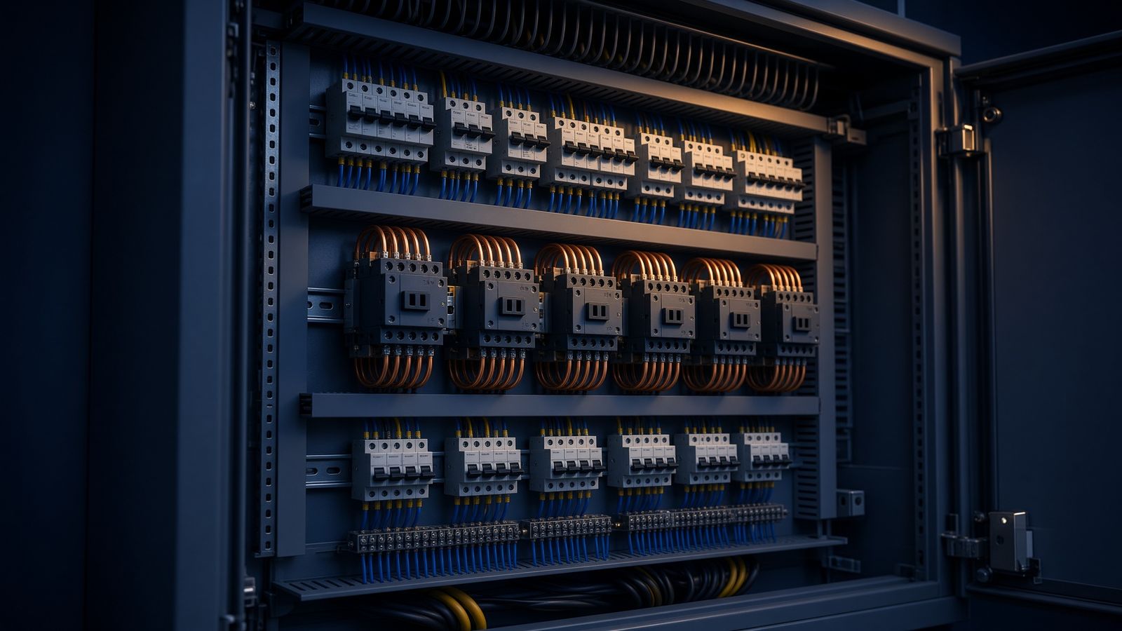 Gibuksan nga electrical control panel nga naay mga breaker, contactor ug copper wiring
