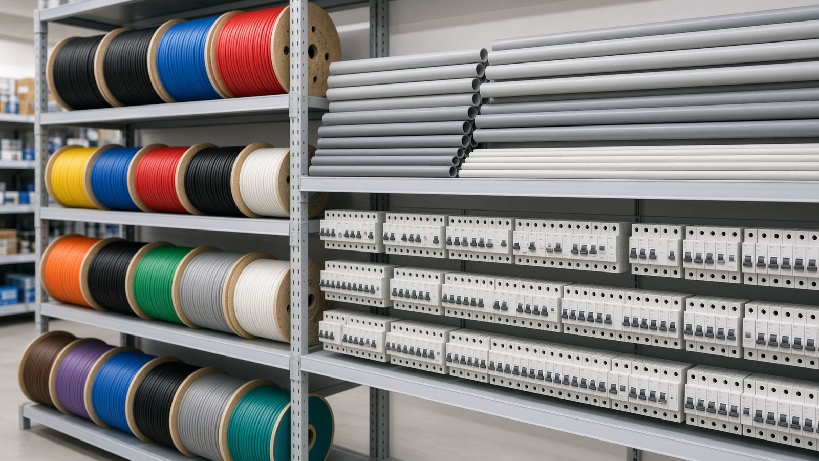 Estante sa supply: rolyo sa wire nga lain-laing kolor, PVC conduit ug circuit breakers
