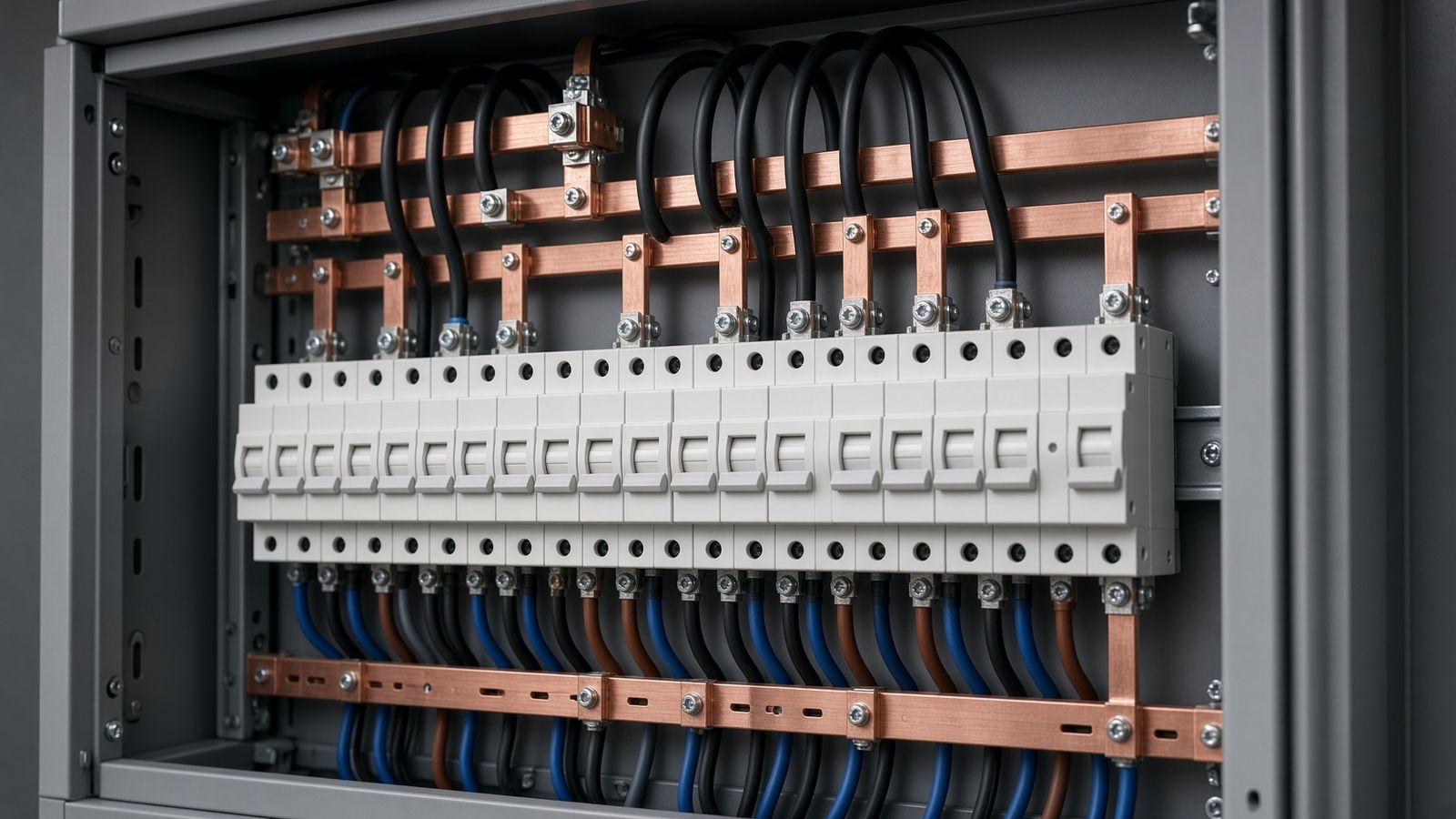 Panel board nga naay laray sa circuit breaker ug copper busbars